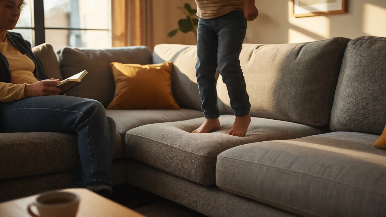 Family testing the bounce-back resilience of high-density foam cushions on a sofa.