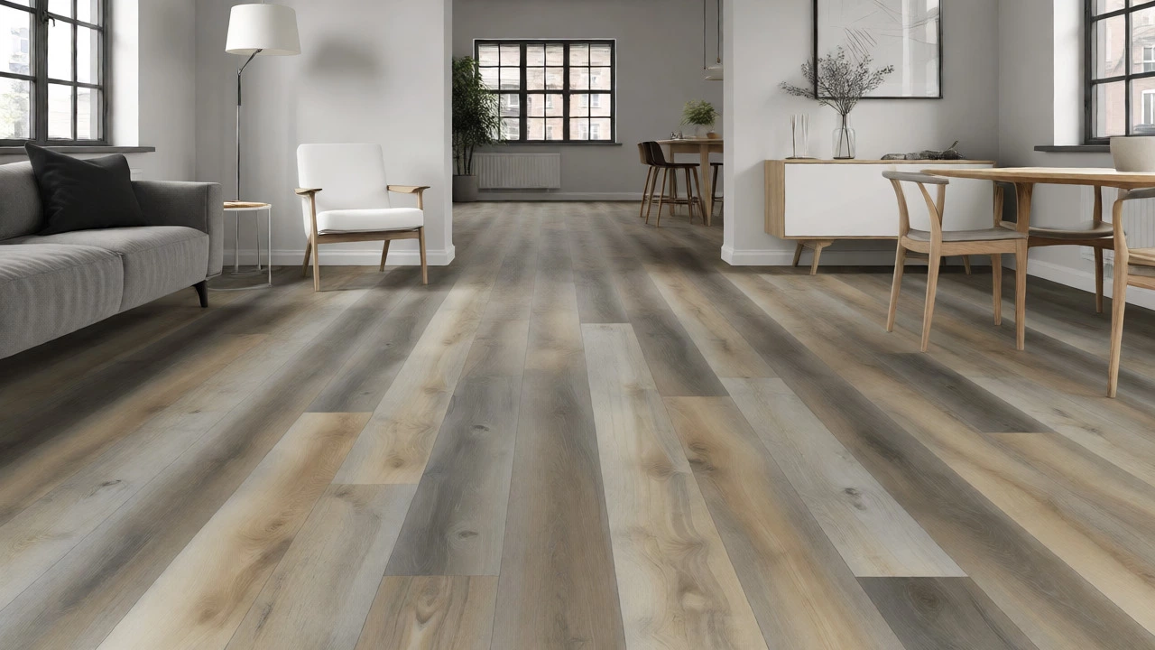 Greige luxury vinyl plank flooring in a contemporary open-plan home