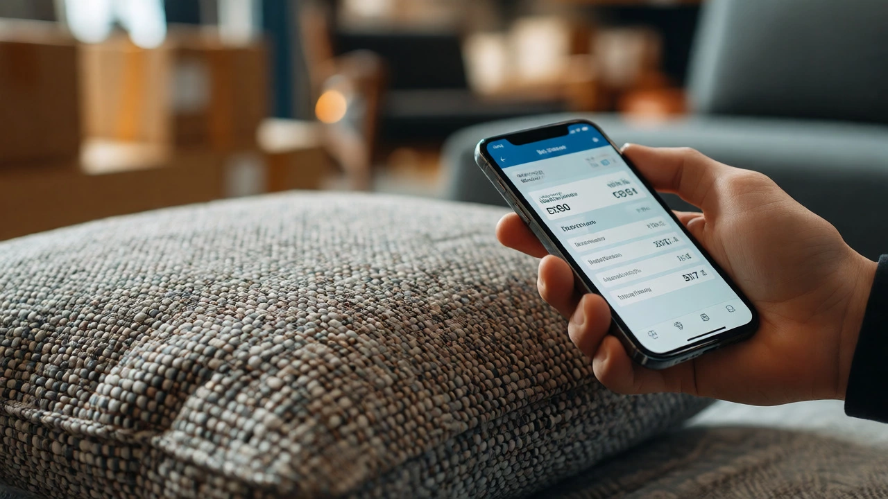 Hand comparing prices on a phone next to a sofa cushion