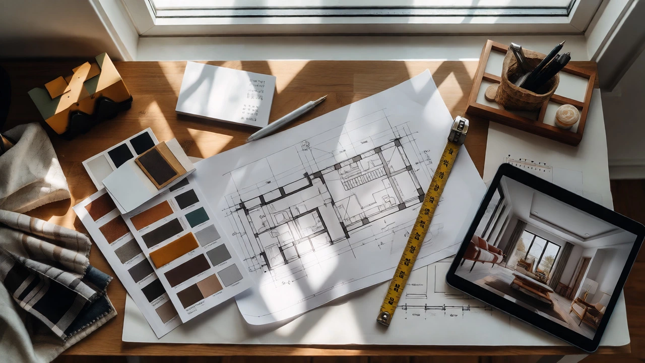 Interior designer's desk with sketches, swatches, and tools