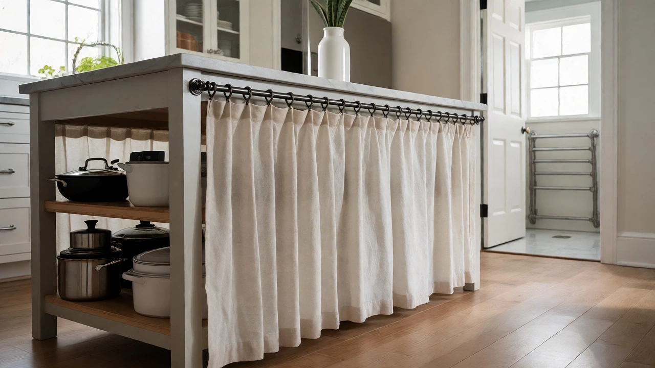 Kitchen island with a curtain hiding stored pots and pans behind it