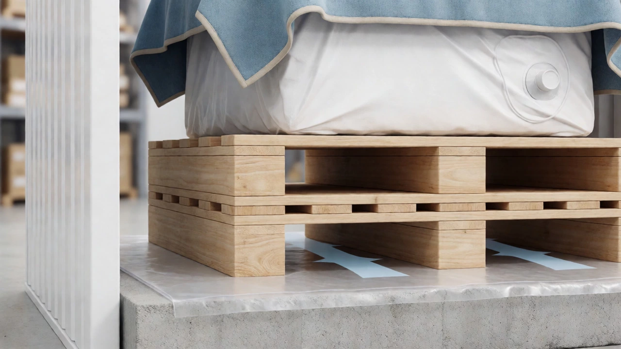 Layered storage setup showing concrete, plastic barrier, pallets, and protected goods elevated off the ground.