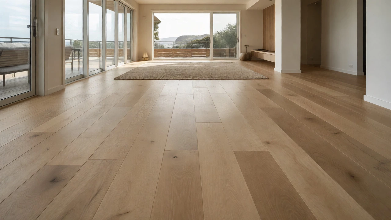 Modern open-plan living room with wide-plank matte white oak flooring