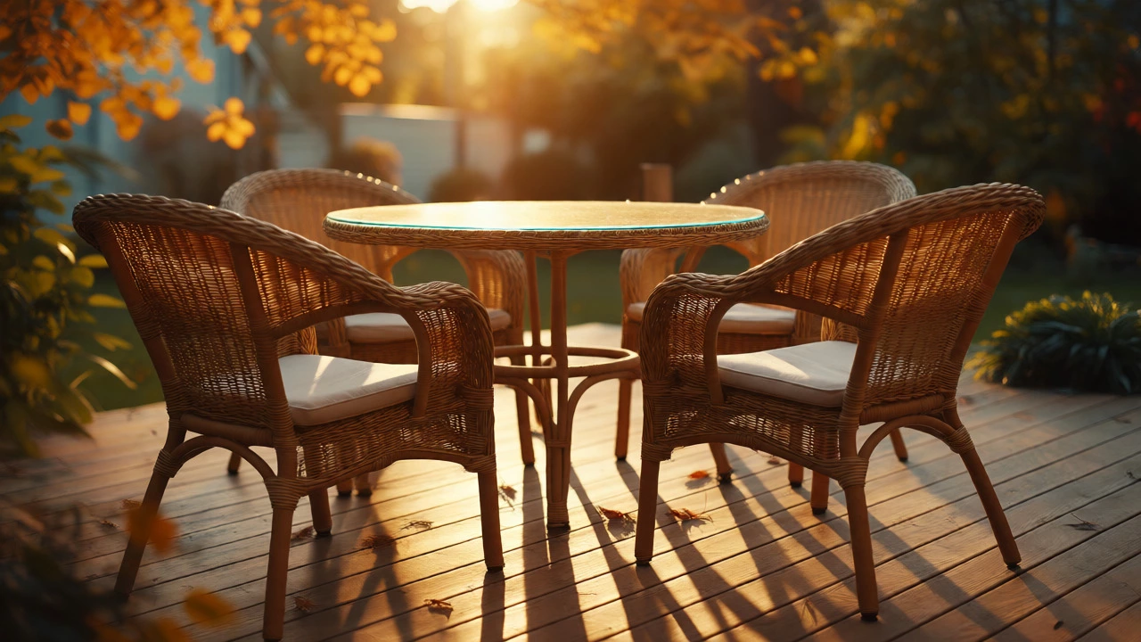 Patio furniture on a deck during late summer golden hour