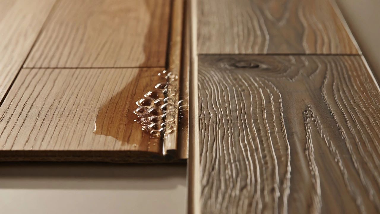 Side-by-side comparison of swollen laminate and modern waterproof luxury vinyl plank