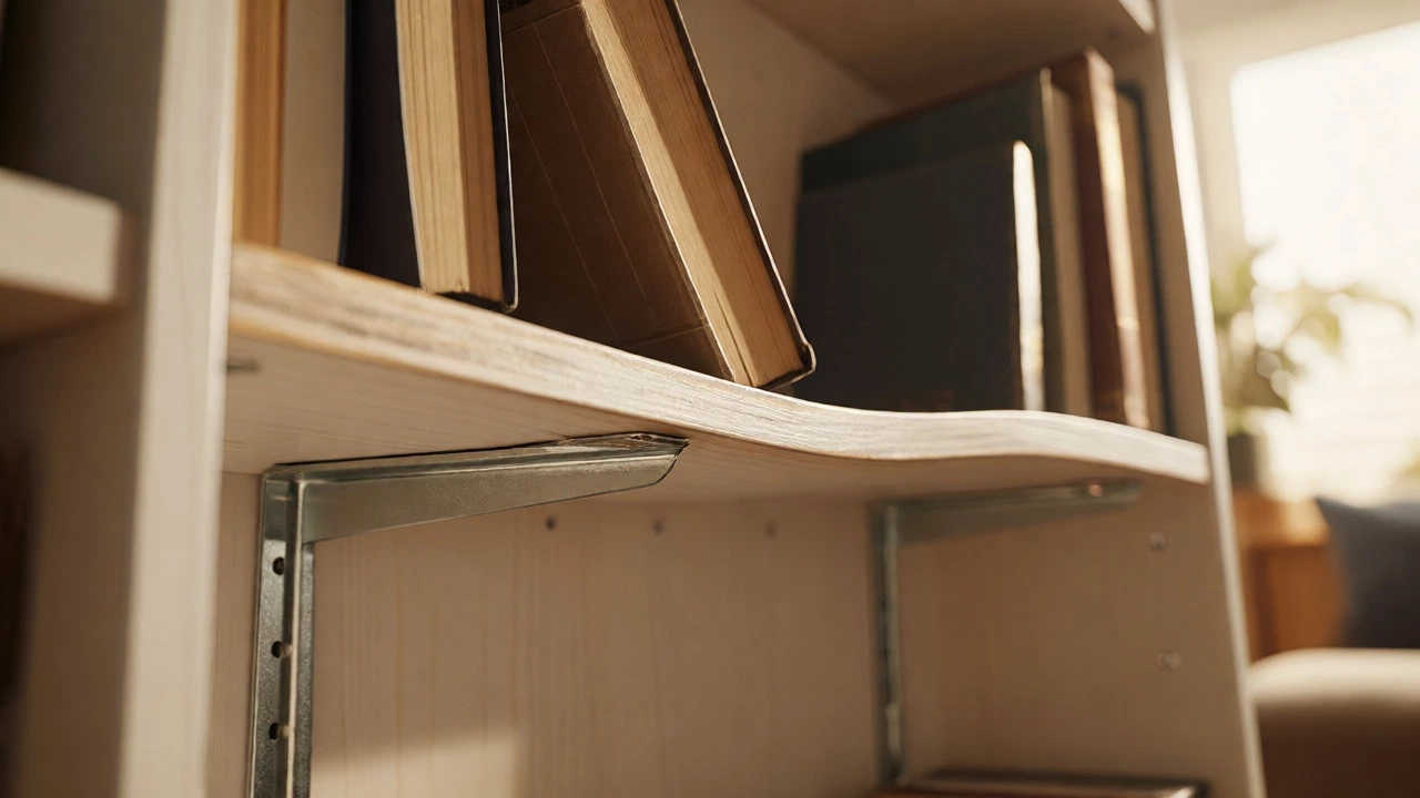 White bookcase shelf sagging under the weight of books with metal support brackets underneath.