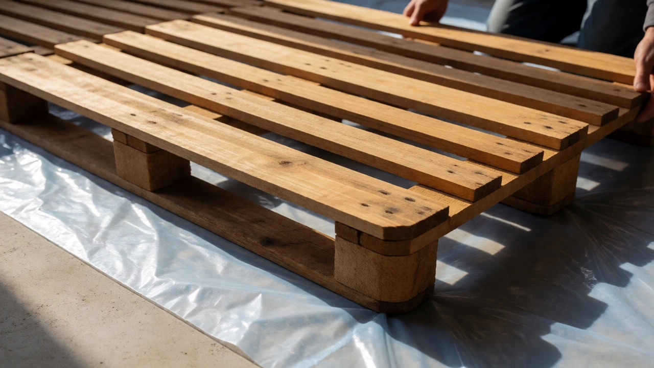 Wooden pallets being placed over a plastic vapor barrier on a concrete floor to elevate stored items.