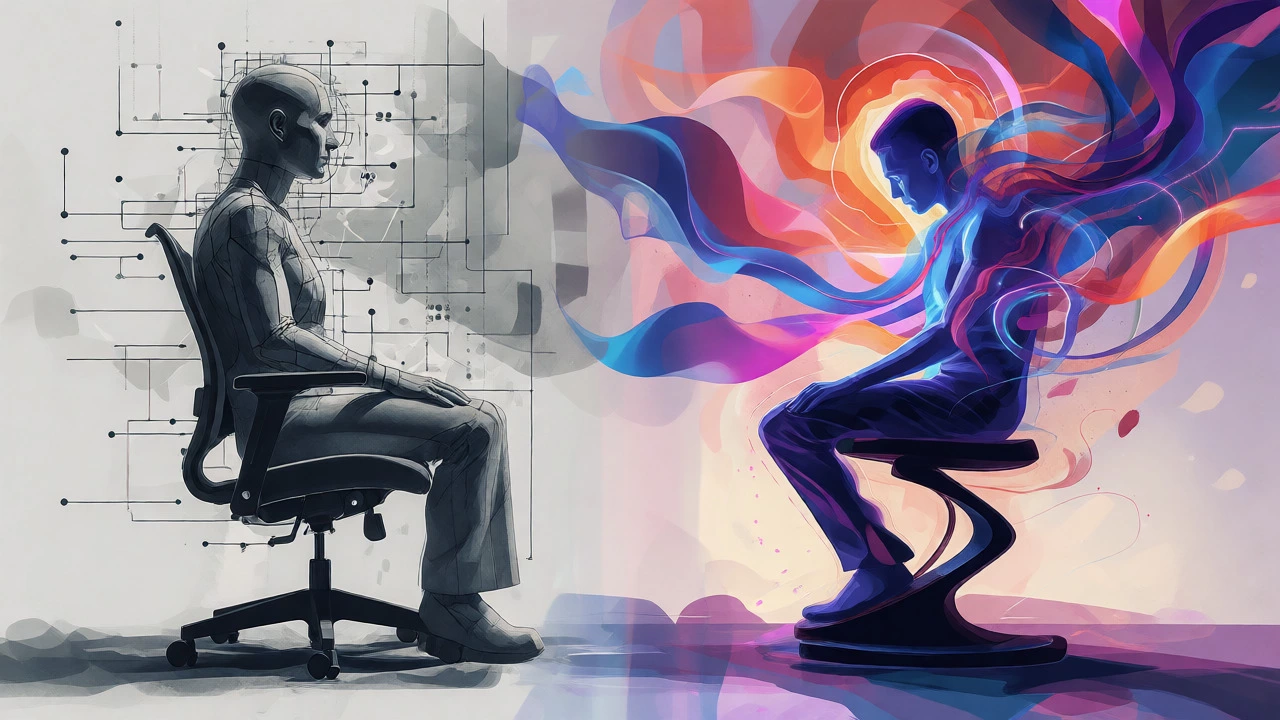 Abstract art contrasting a static figure with a dynamic, colorful figure to represent ADHD brain function.