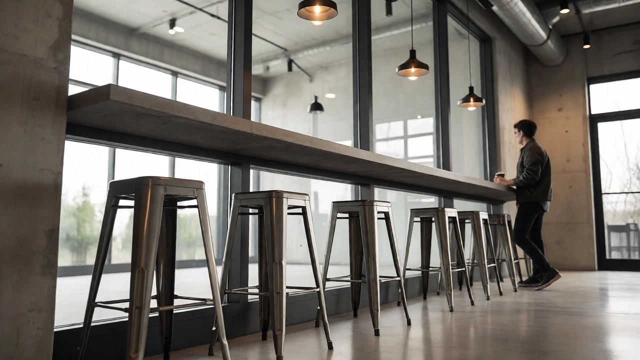 Bar-height counter with backless stools along a window ledge