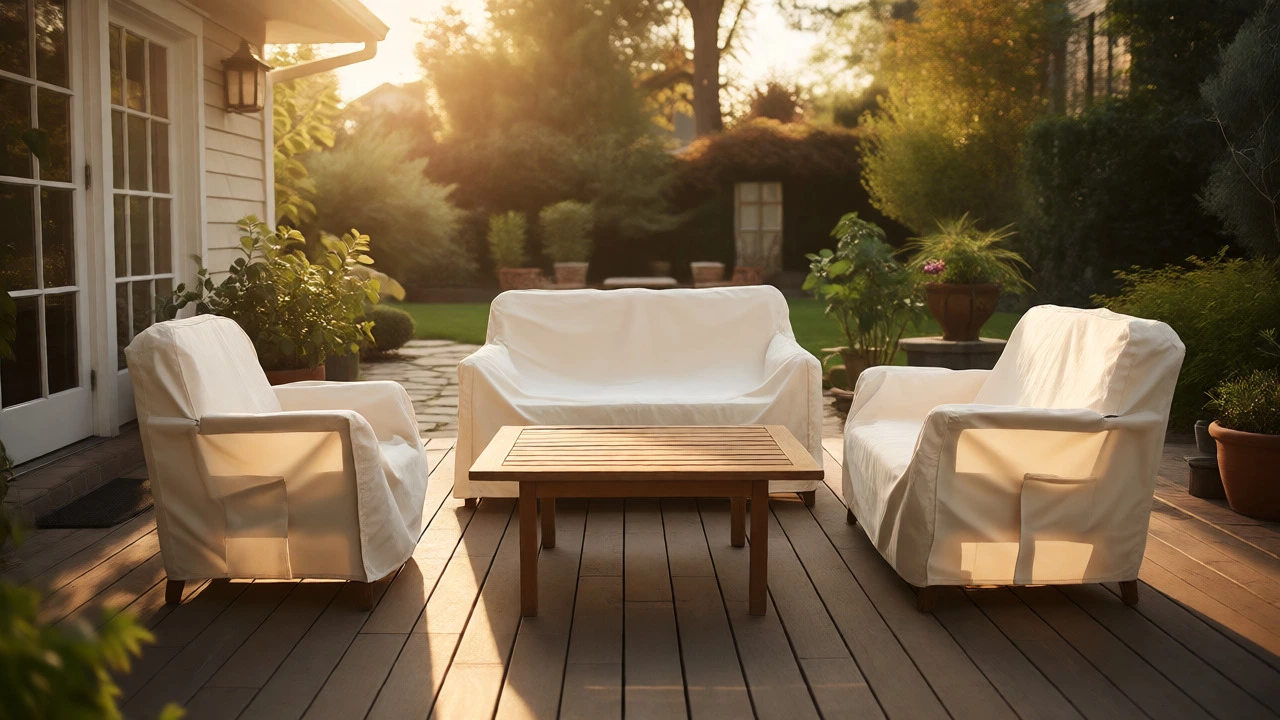 Clean patio furniture covered with breathable canvas covers on a sunny deck.