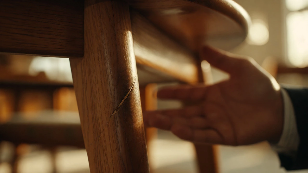 Close-up of a scratched table leg used as a reason to negotiate a discount