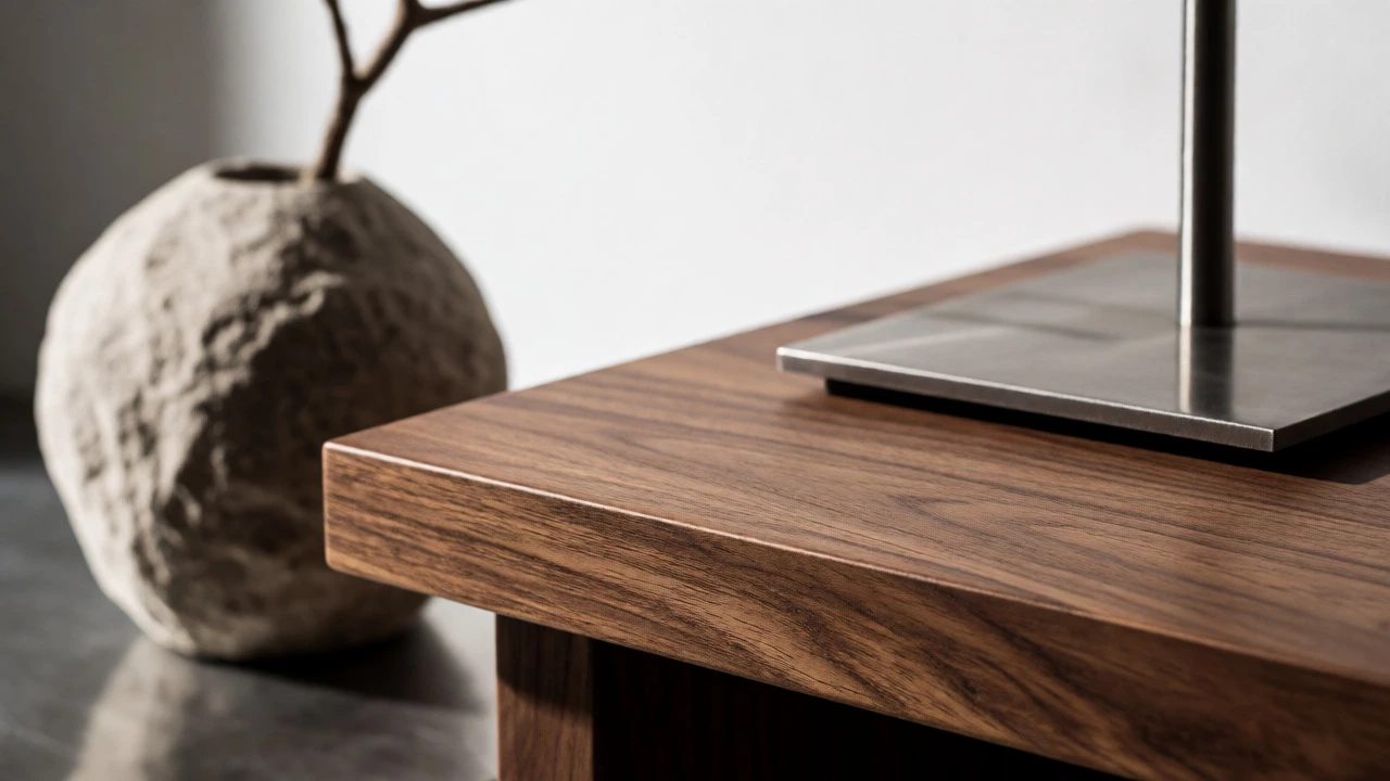 Close-up of walnut wood table and steel lamp showing material textures