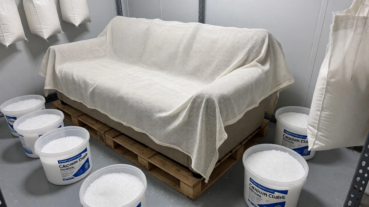 Couch on pallets with canvas cover and desiccants in climate-controlled storage