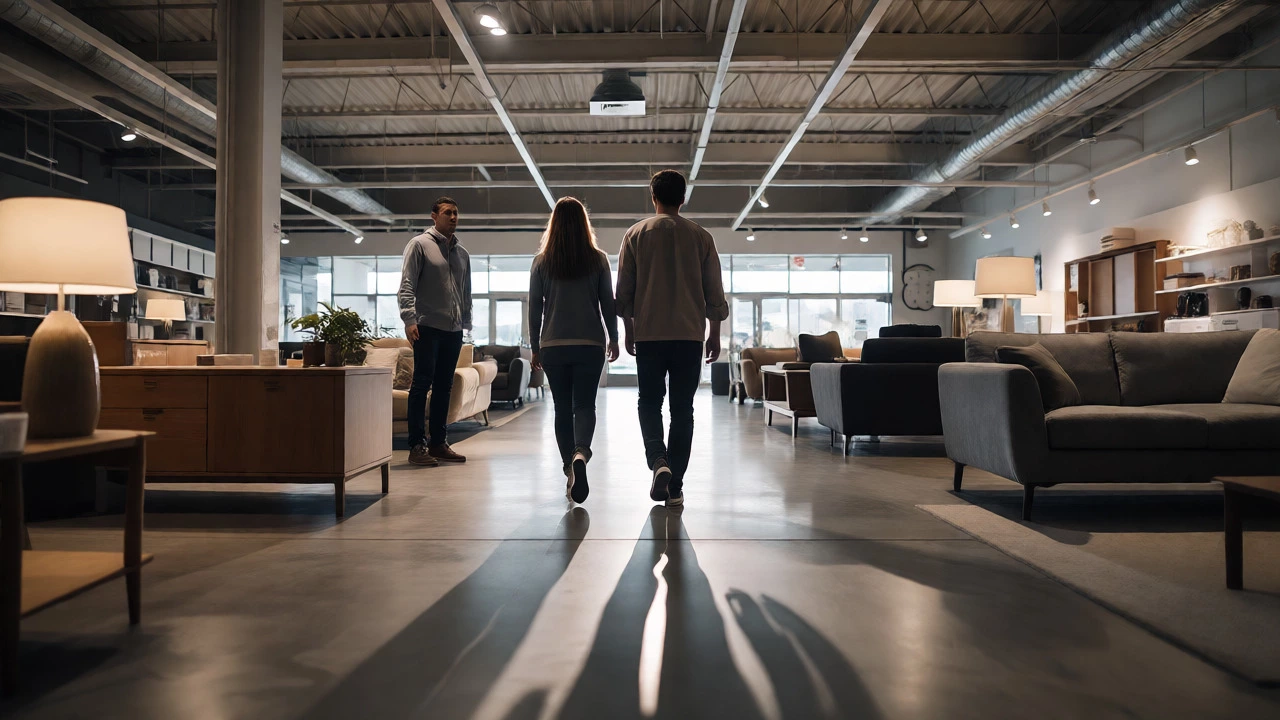 Couple walking away from a furniture display while a salesperson looks on