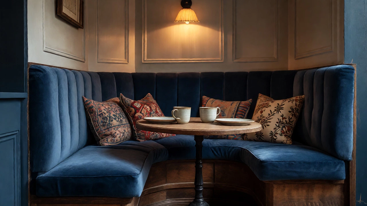 Cozy built-in banquette bench in a corner nook with a small round table