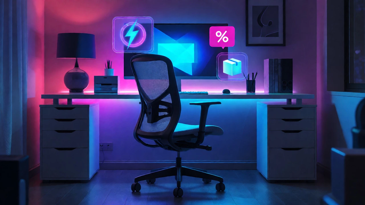 Ergonomic office chair surrounded by floating digital sale icons at night