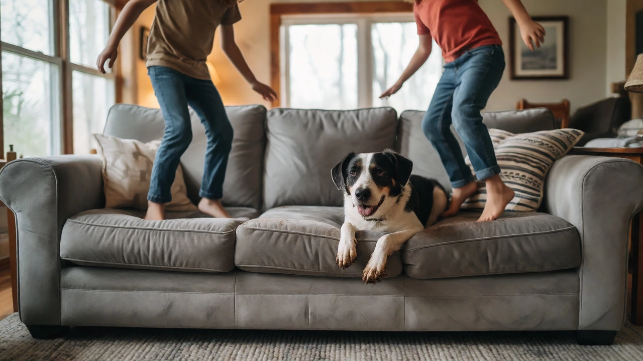 Family and dog playing on a durable grey microfiber sofa
