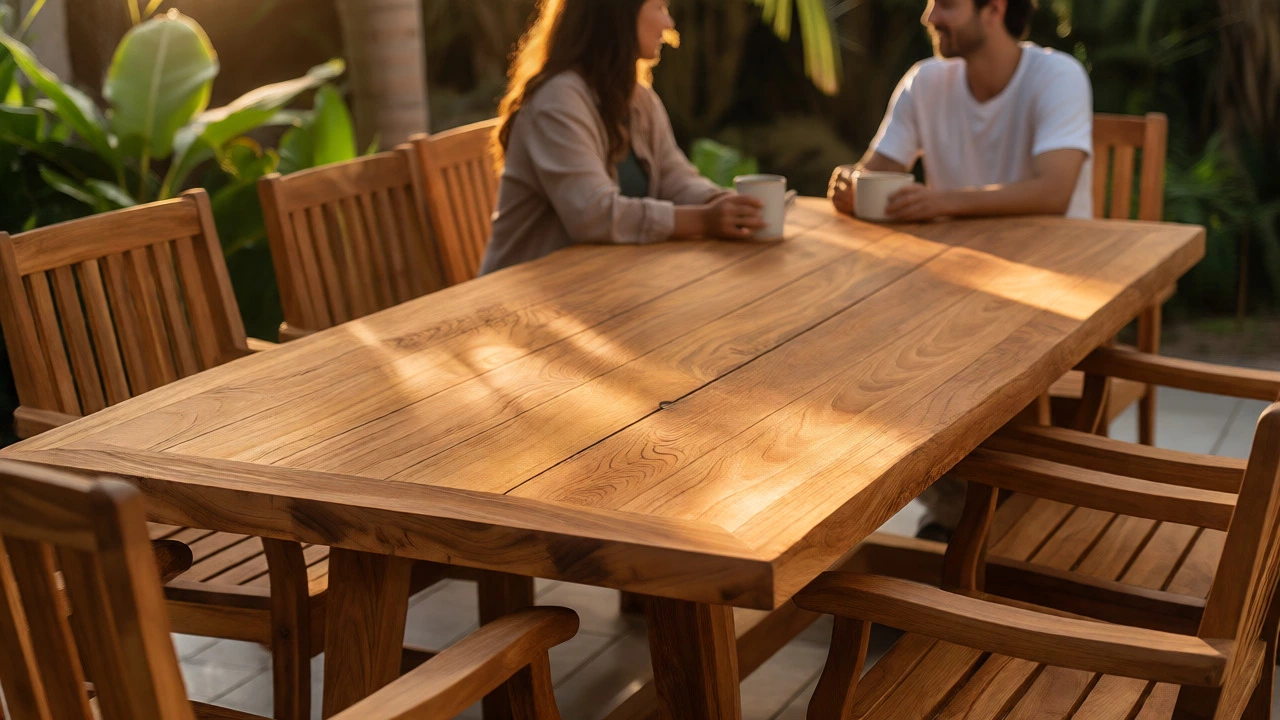 Golden-hour view of a solid teak wood dining set in a lush garden.