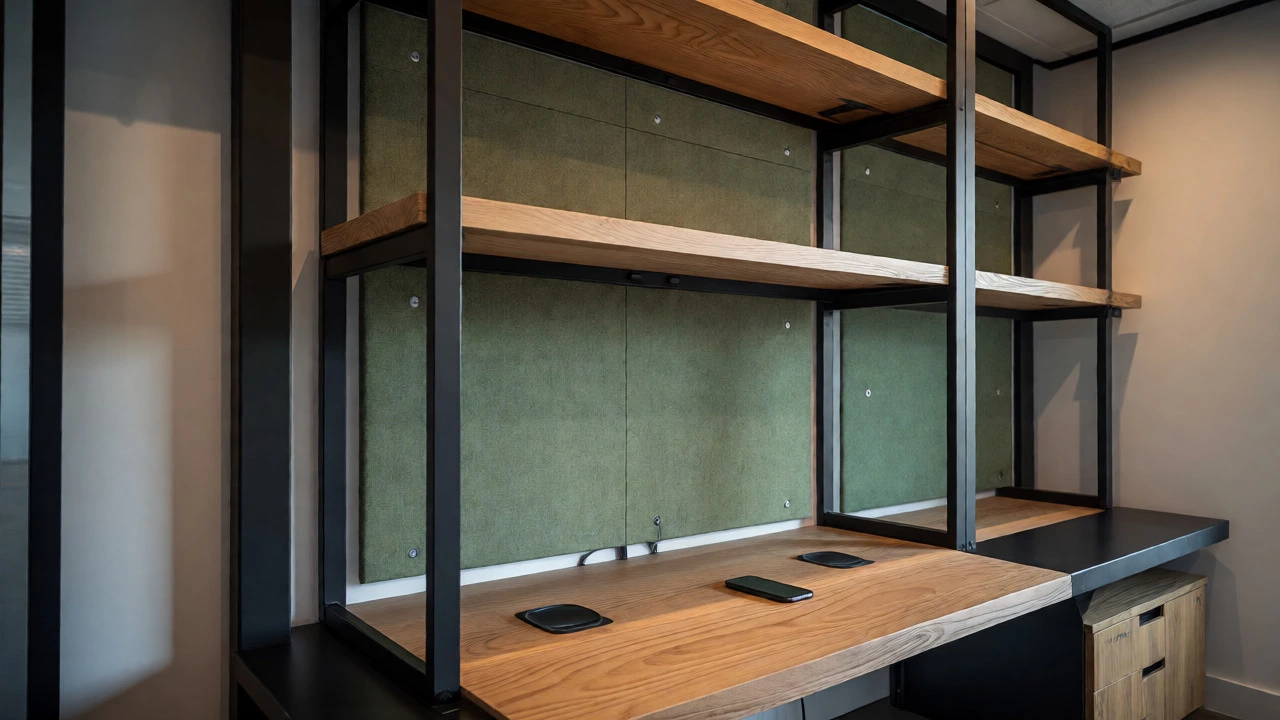 Industrial-chic home office with metal-framed shelves and smart charging integration