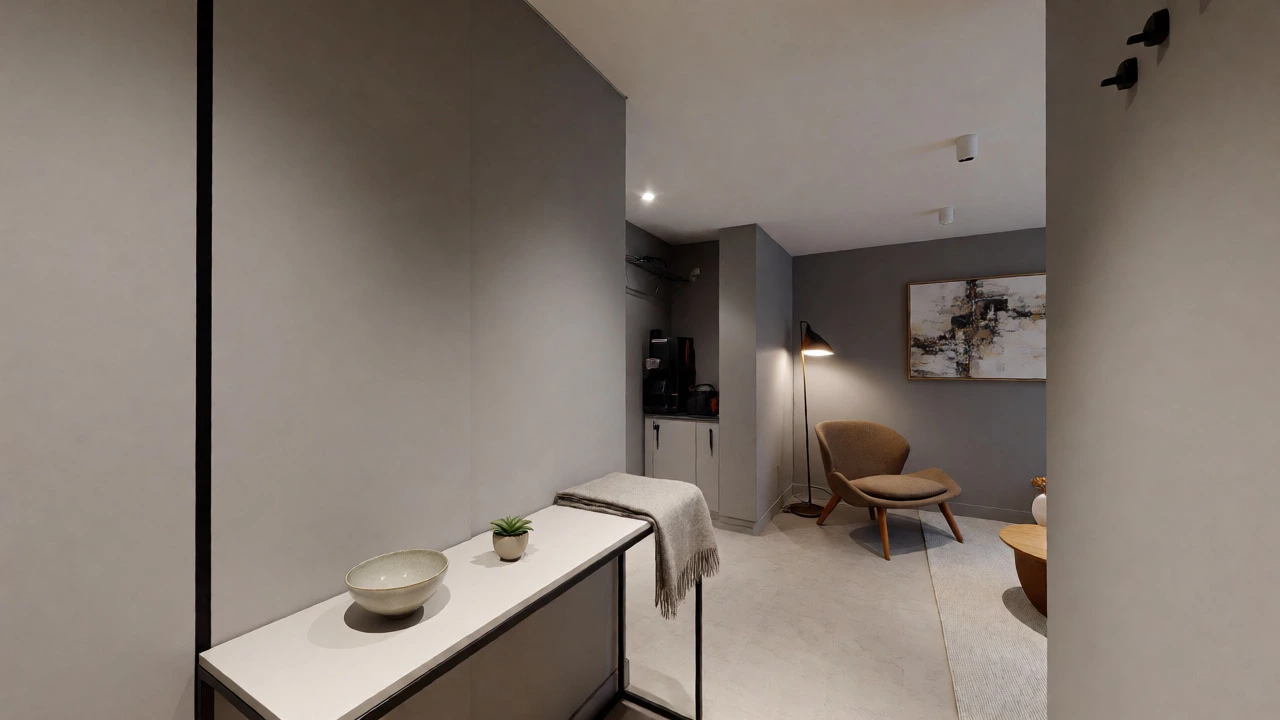 Modern entryway with minimalist console and mid-century chair