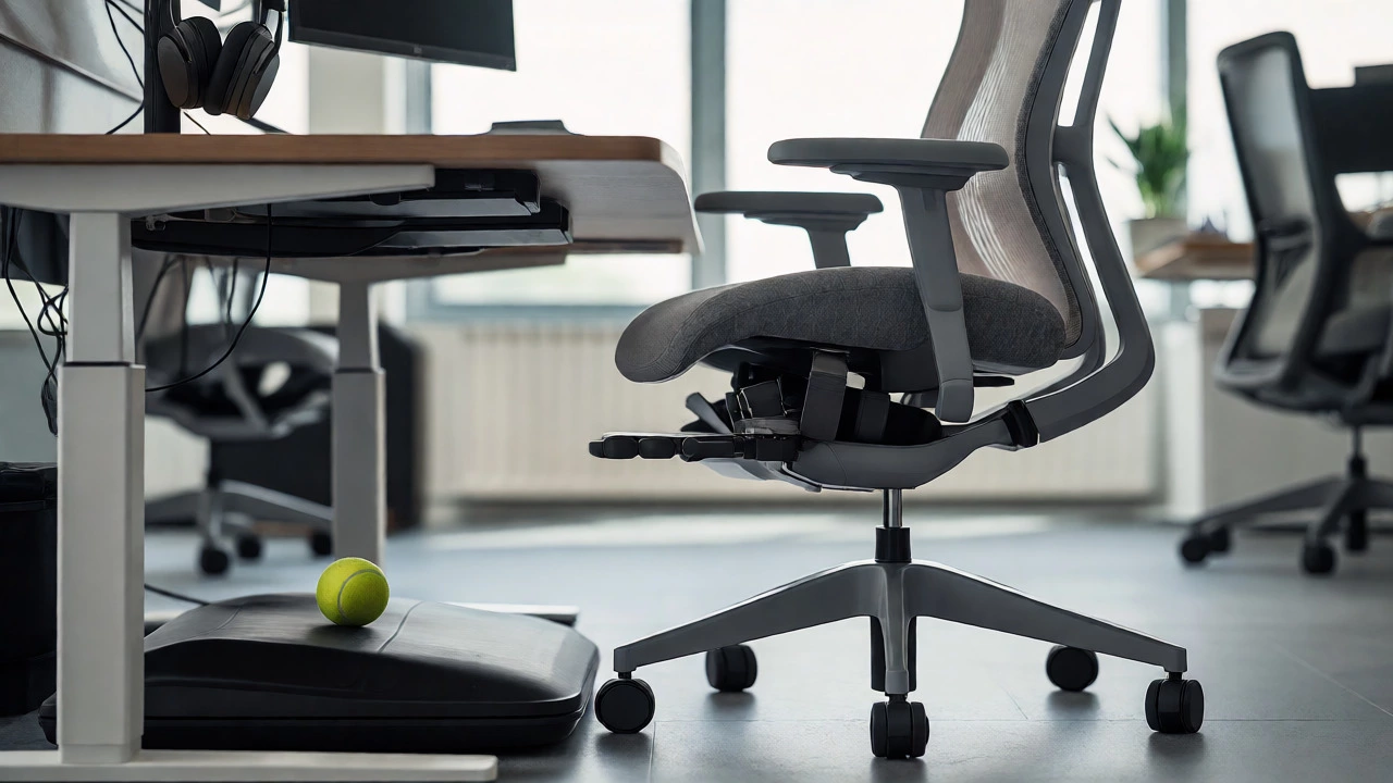 Modern ergonomic office chair setup with a tennis ball and headphones for sensory regulation.