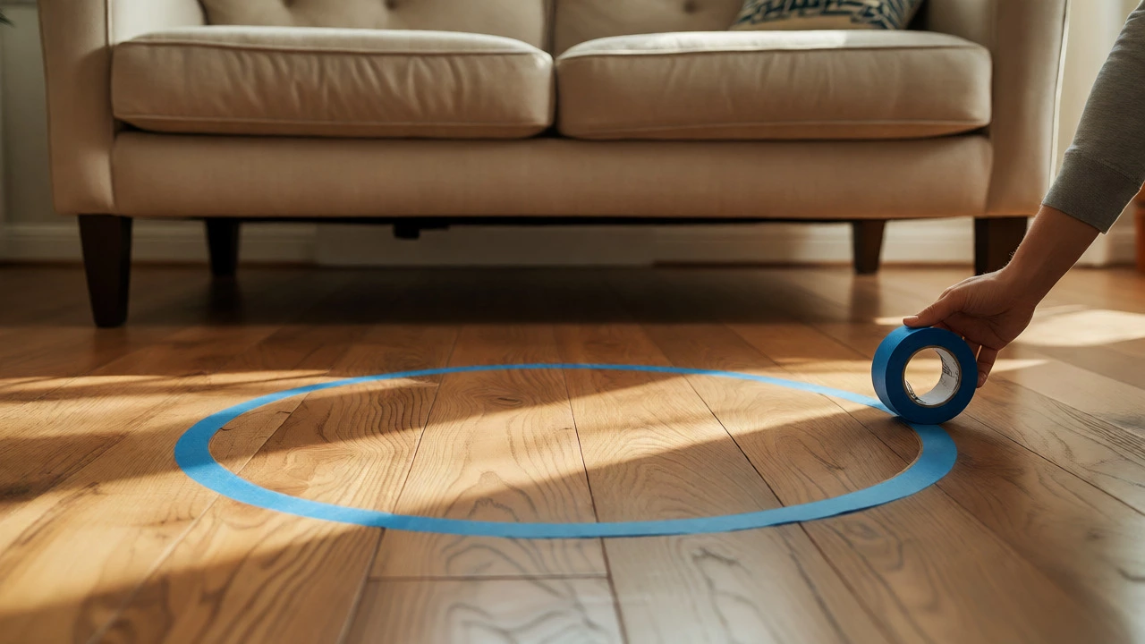 Painter's tape marking table size on floor