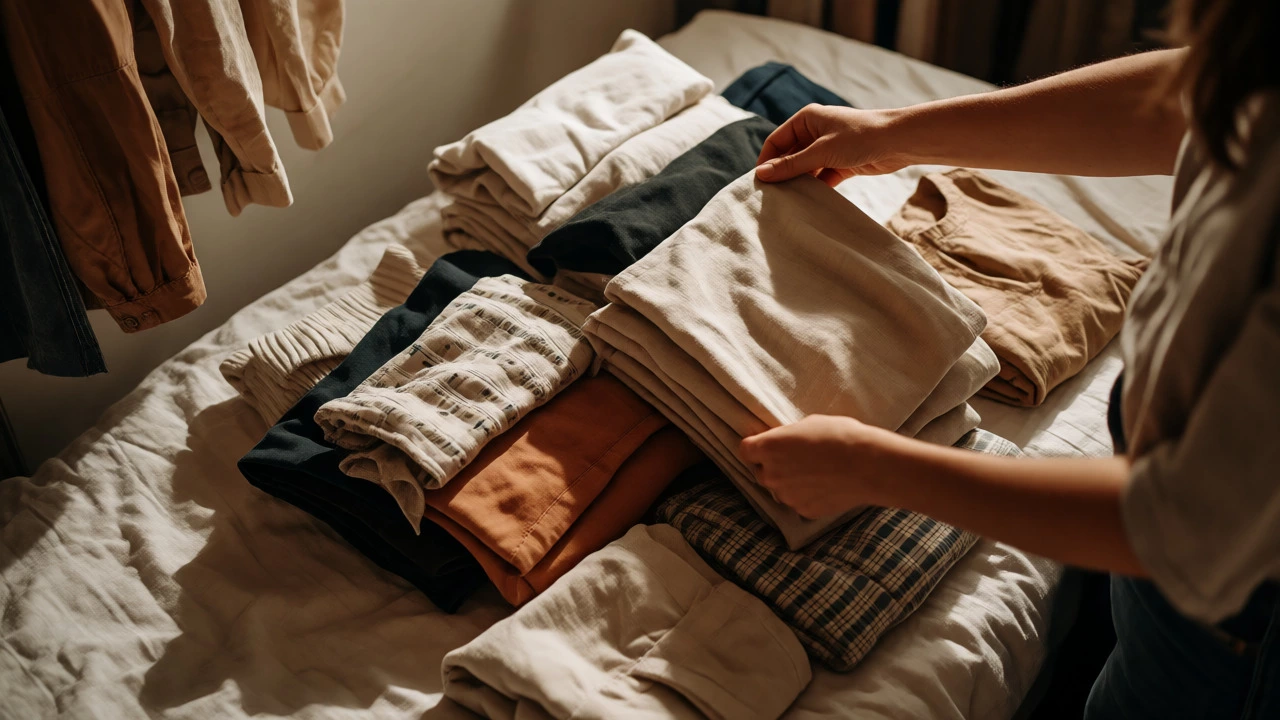 Person sorting through a collection of folded clothes on a bed.