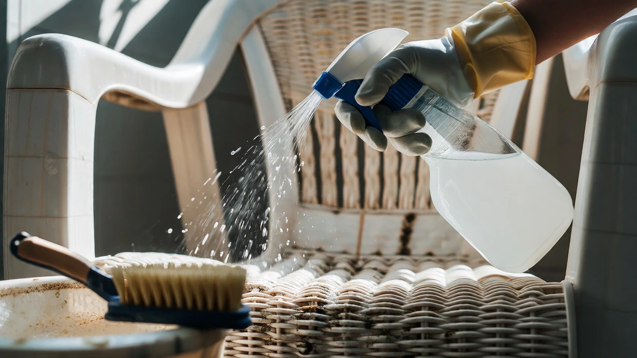 Person spraying white vinegar onto a mildewed plastic wicker chair in bright sunlight.
