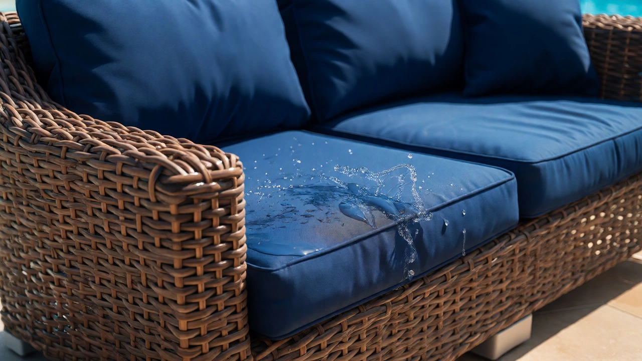 Poolside HDPE wicker sofa with vibrant, weather-resistant cushions.