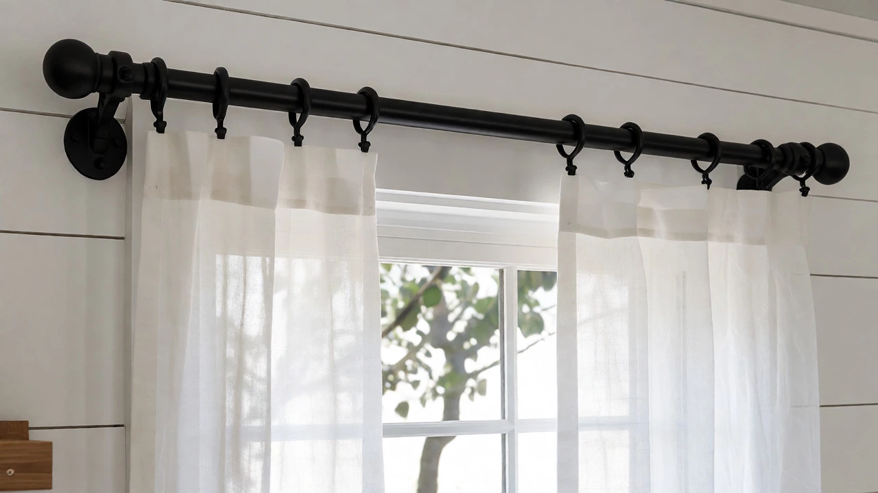 Sheer white cafe curtains on wooden dowels with a matte black rod in a kitchen