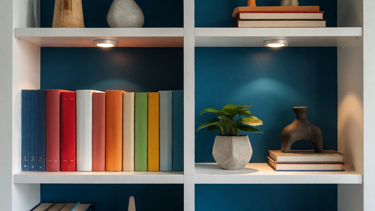 Stylish white built-ins with color-graded books and bold teal back panel accents