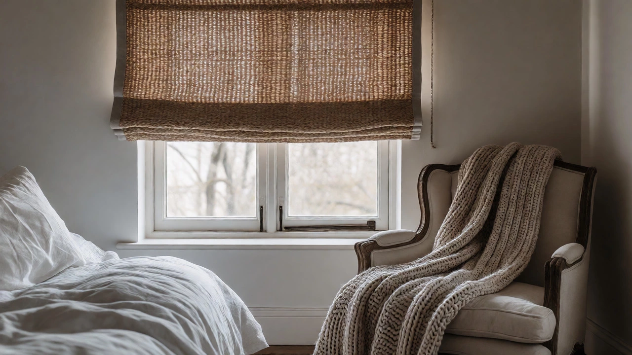 Textured jute Roman shade paired with a chunky knit throw in a cozy bedroom