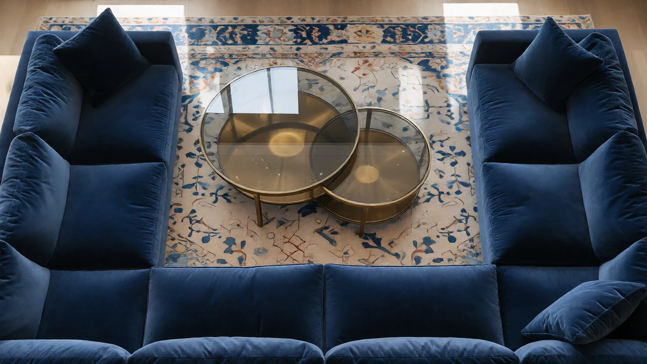 Two round glass tables paired with sectional sofa