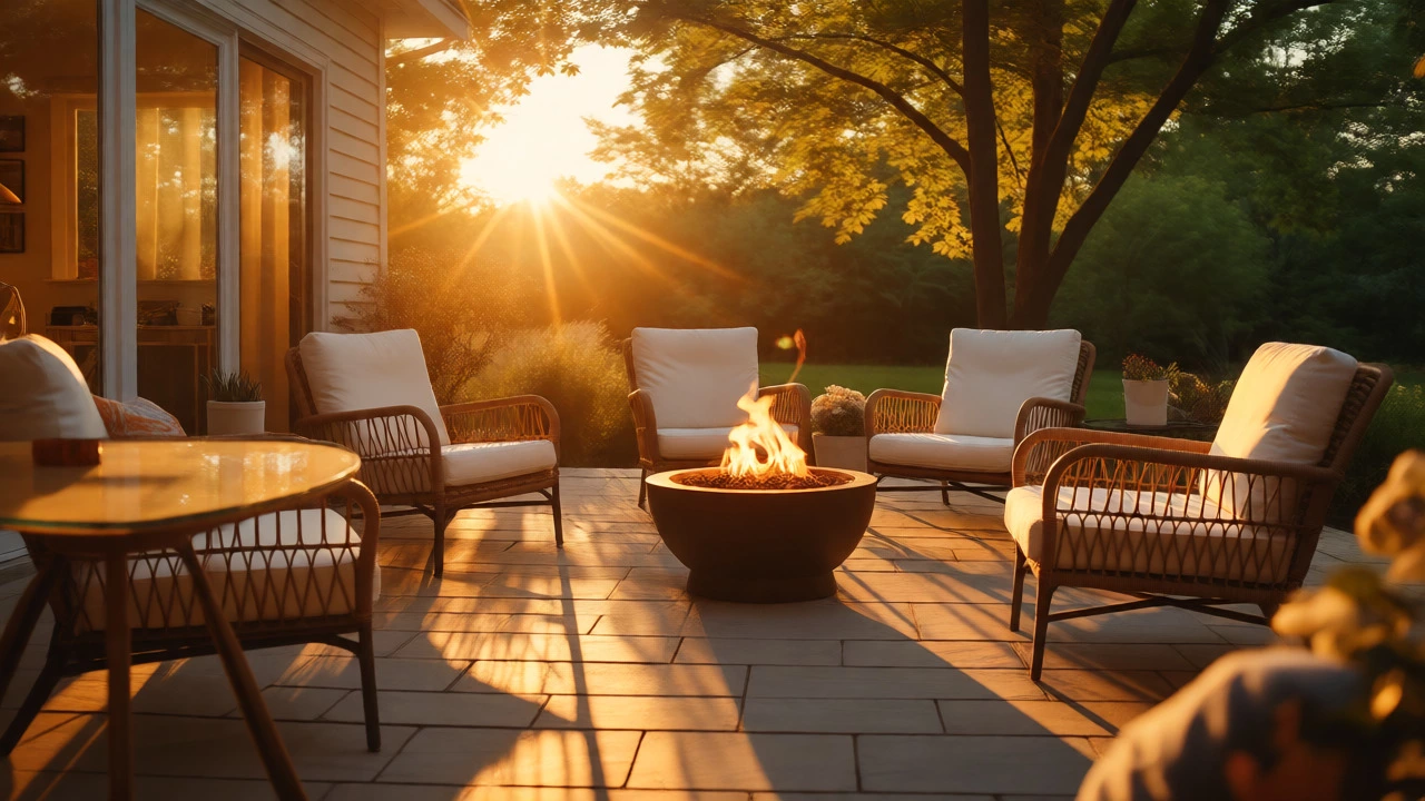Wicker patio furniture set on a sunny deck during golden hour