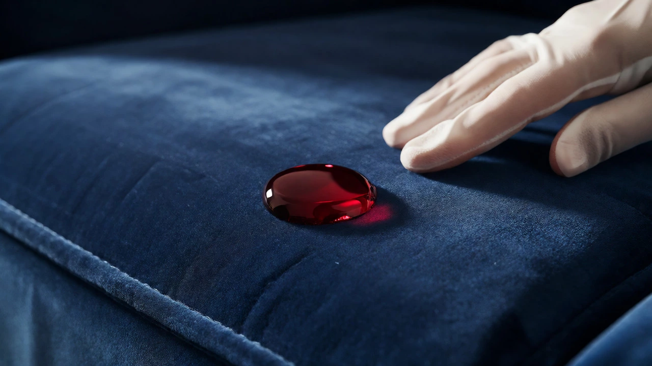 Wine droplet beading on stain-resistant navy performance velvet fabric